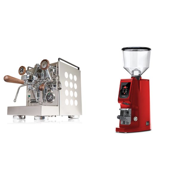 Rocket Espresso Appartamento, white, walnut + Eureka Atom W 65, ferrari red