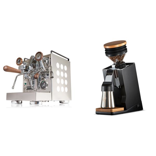 Rocket Espresso Appartamento, white, walnut + Eureka Mignon Single Dose PRO, Black & Oak