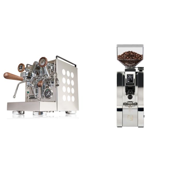 Rocket Espresso Appartamento, white, walnut + Eureka Mignon XL, CR chrome