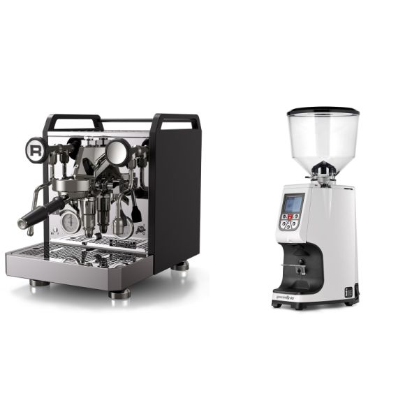 Rocket Espresso Mozzafiato FAST R, black + Eureka Atom Specialty 65, white