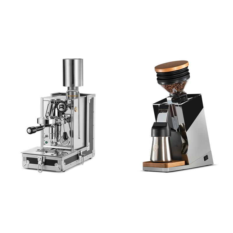 Rocket Espresso Porta Via + Eureka Mignon Single Dose PRO, Chrome & Oak