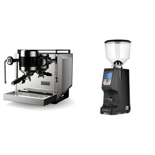 Rocket Espresso Bicocca, stainless silver + Eureka Atom Specialty 65, black