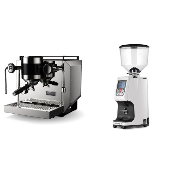 Rocket Espresso Bicocca, stainless silver + Eureka Atom Specialty 65, white