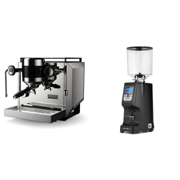 Rocket Espresso Bicocca, stainless silver + Eureka Atom Specialty 75, black