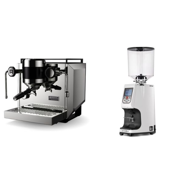 Rocket Espresso Bicocca, chrome + Eureka Atom Specialty 75, white