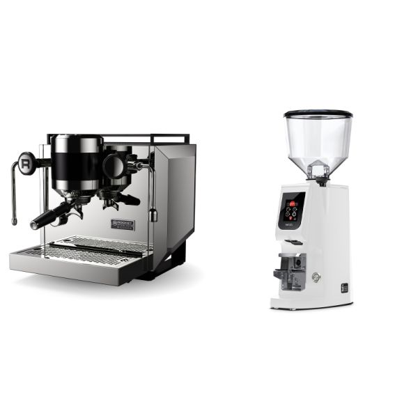 Rocket Espresso Bicocca, stainless silver + Eureka Atom W 65, white