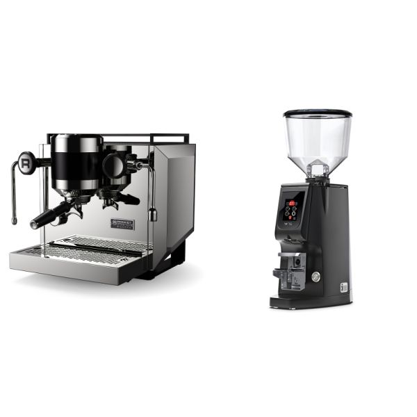 Rocket Espresso Bicocca, chrome + Eureka Atom W 75, black