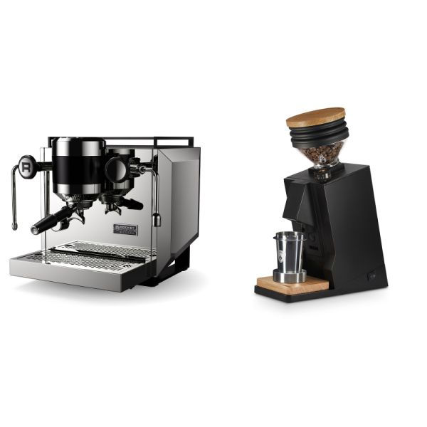 Rocket Espresso Bicocca, chrome + Eureka Mignon Single Dose, Black & Oak