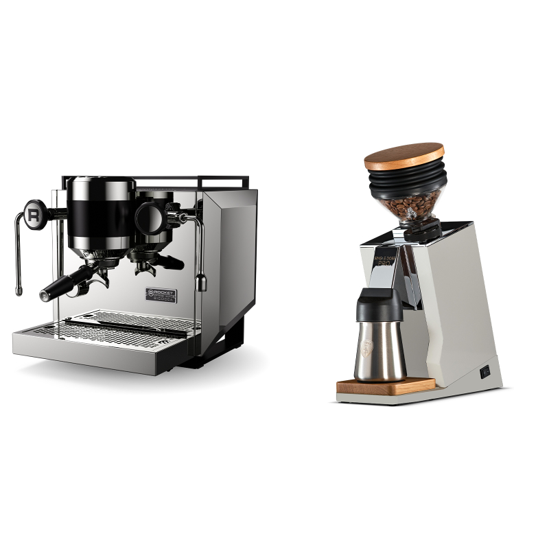 Rocket Espresso Bicocca, stainless silver + Eureka Mignon Single Dose PRO, White & Oak