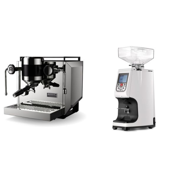 Rocket Espresso Bicocca, stainless silver + Eureka Atom 60, white