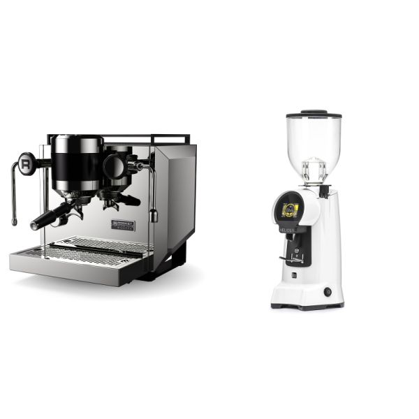 Rocket Espresso Bicocca, stainless silver + Eureka Helios 75, white