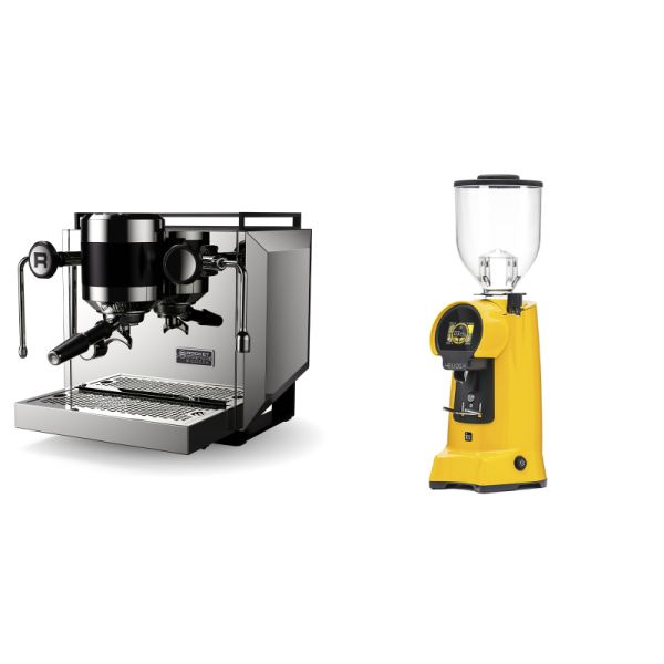 Rocket Espresso Bicocca, stainless silver + Eureka Helios 75, yellow