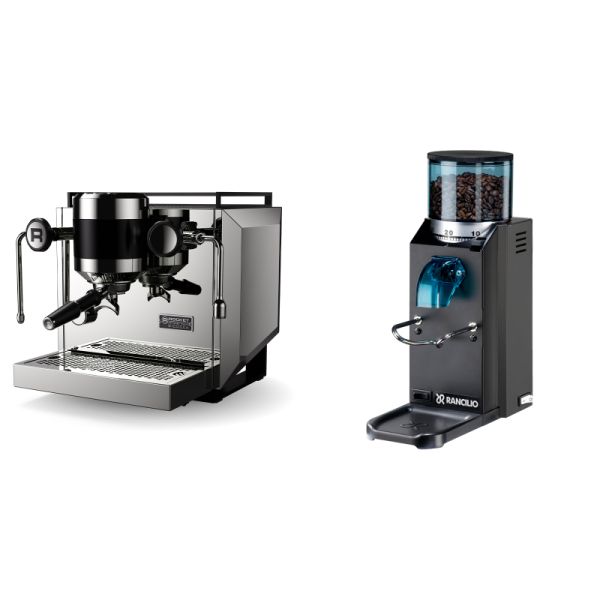 Rocket Espresso Bicocca, chrome + Rancilio Rocky Doserless, black