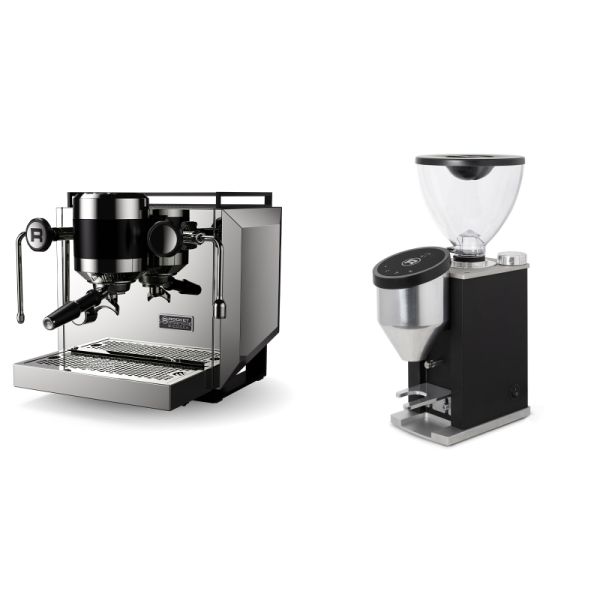 Rocket Espresso Bicocca, chrome + Rocket Espresso FAUSTINO 3.1, black