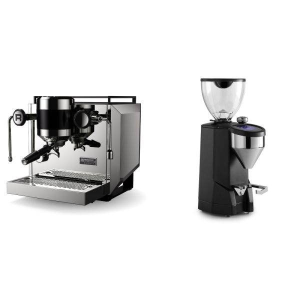 Rocket Espresso Bicocca, chrome + Rocket Espresso SUPER FAUSTO, black