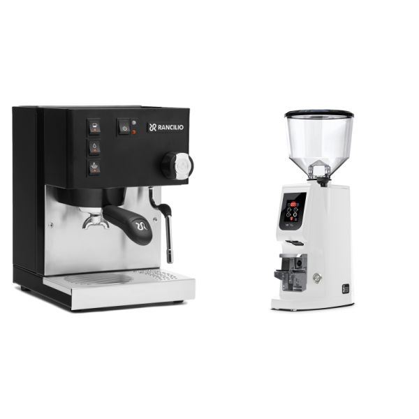 Rancilio Silvia E, black + Eureka Atom W 75, white