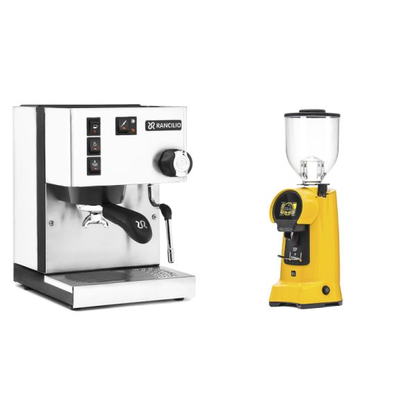 Rancilio Silvia BC, white + Eureka Helios 75, yellow