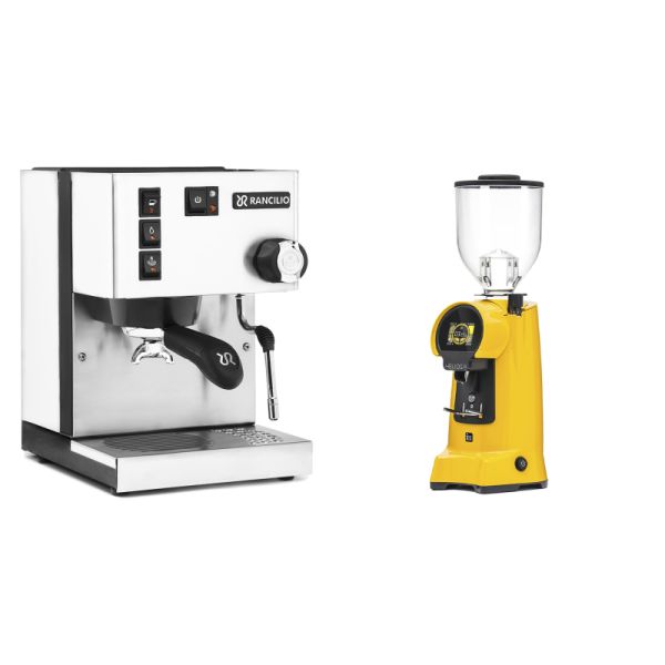 Rancilio Silvia E, white + Eureka Helios 75, yellow